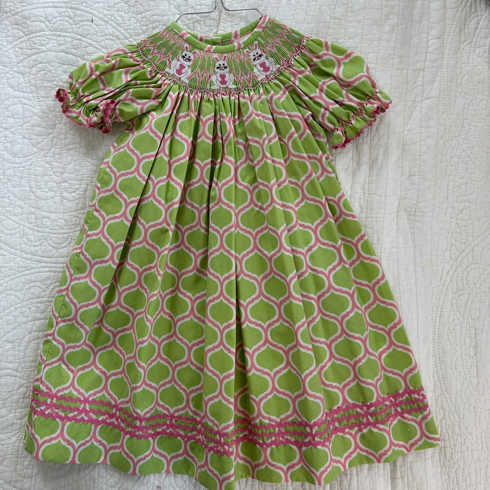 Smocked Easter Bunny Green and Pink Dress